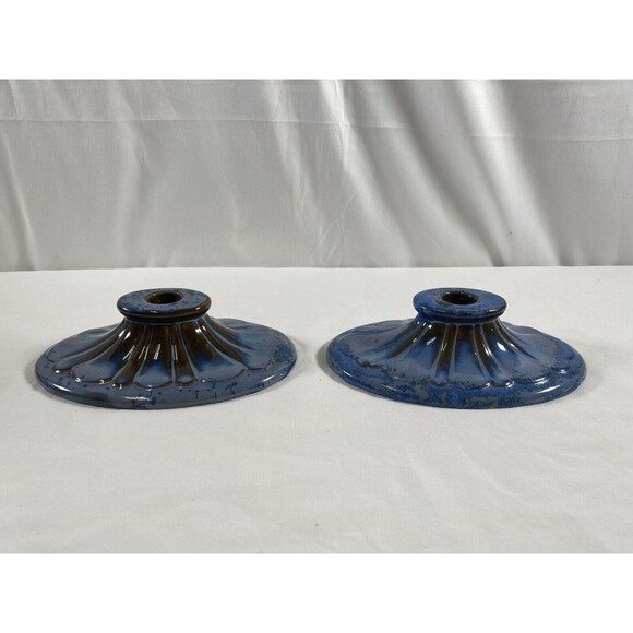 Pair Rare VTG 1920s Fulper Art Pottery Blue Brown Glaze Candle Holders Stamped